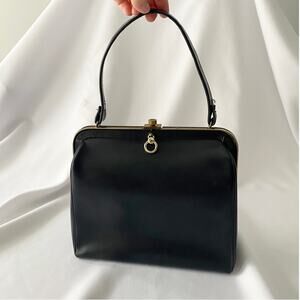 Vintage Black Leather Handbag - Retro Structured Top Handle Purse